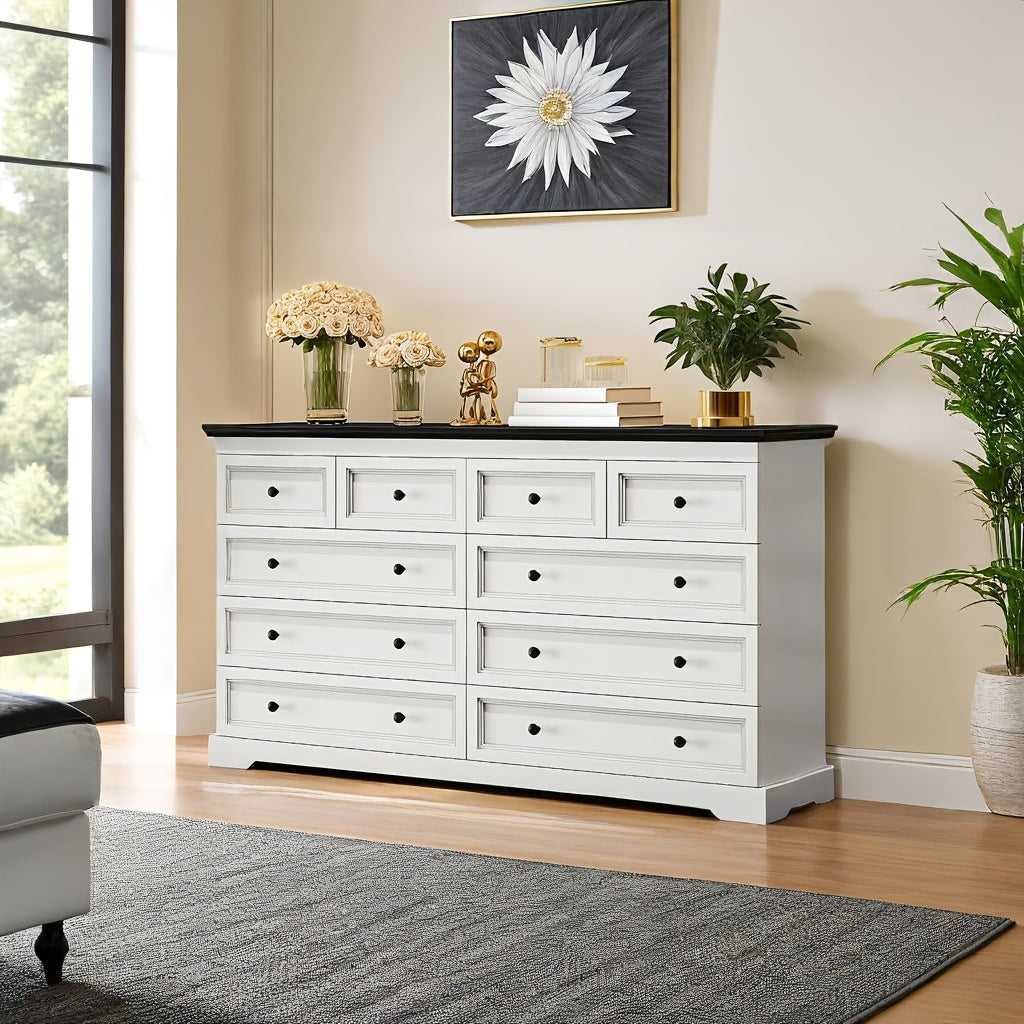 55" Wide 10-Drawer Metal Dresser - Modern White & Black Chest of Drawers, Freestanding Storage Cabinet for Bedroom, Living Room, Entryway, Easy Assembly, Compact Design Under 27" Height