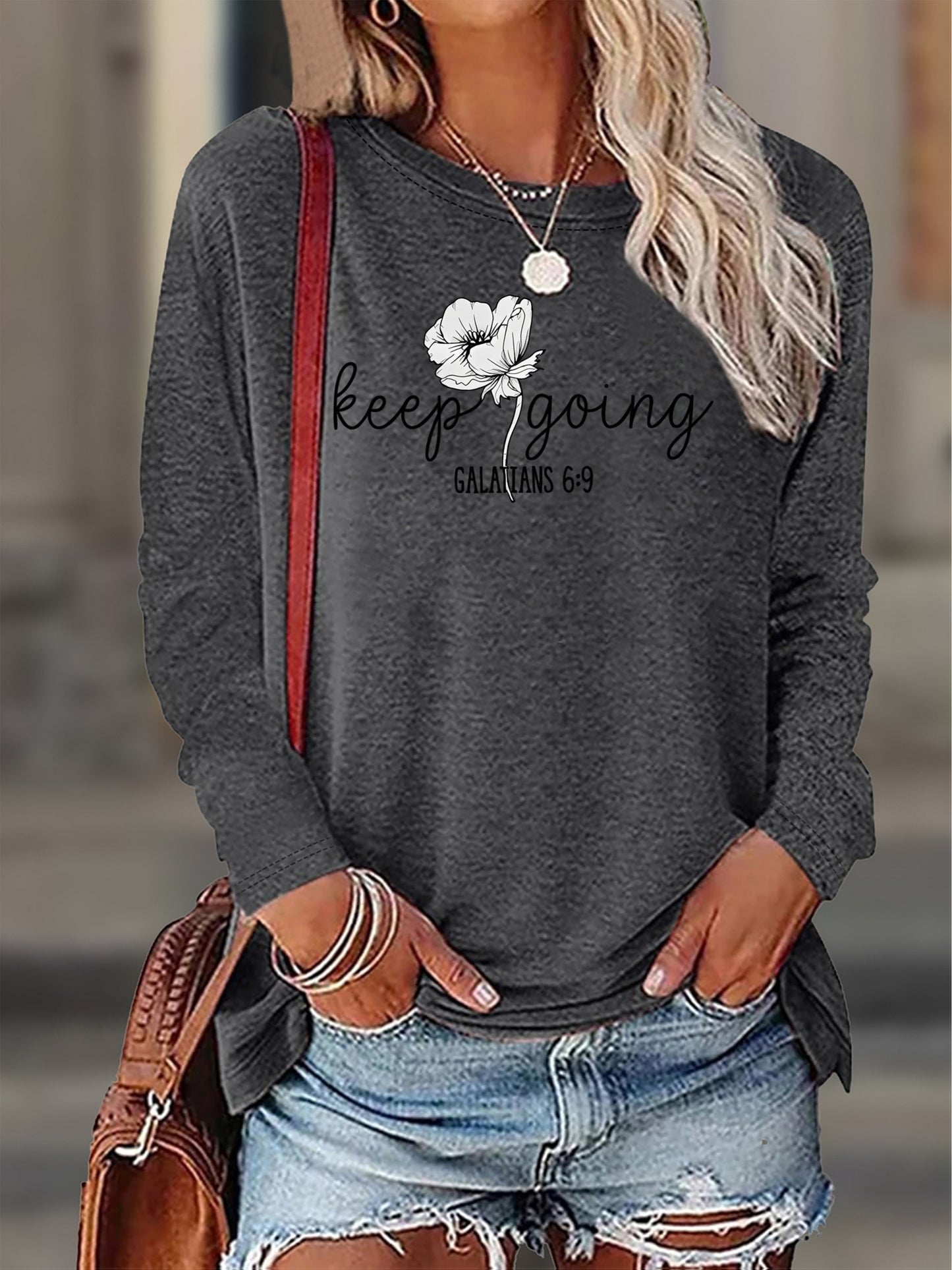 Plus Size - Women'S Plus Size All-Season Wardrobe Machine-Washable Layering Long Sleeve Round Neck Versatile Casual T-Shirt | Oversized Fit, Slight Stretch, Geometric Pattern