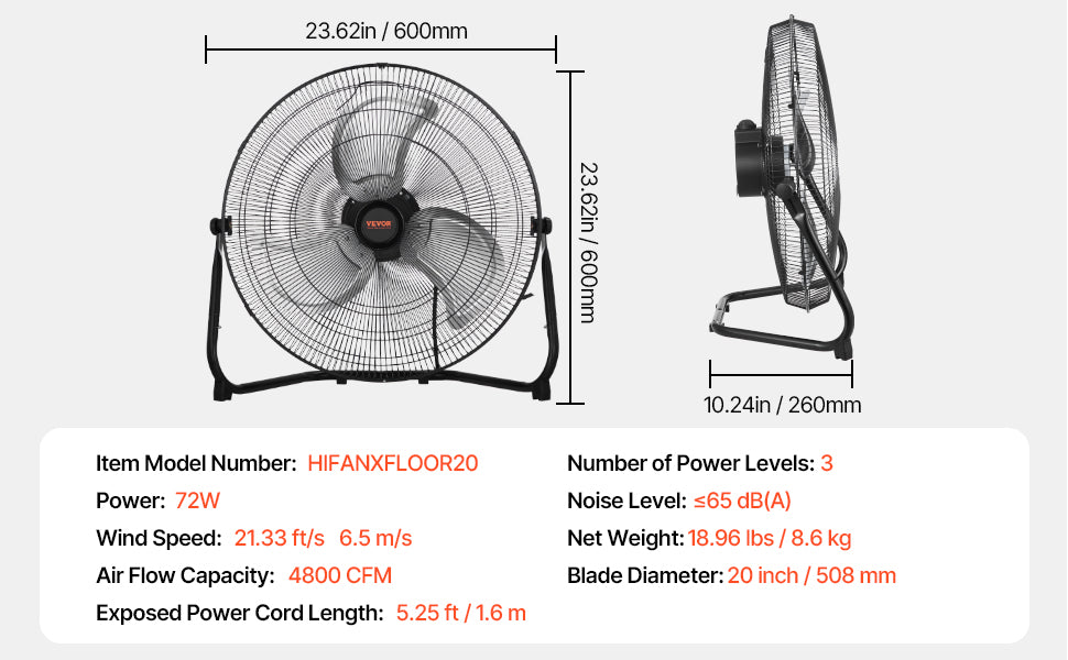 VEVOR Floor Fans 3 Speeds High Velocity Heavy Duty Industrial Fan 4800 CFM 360° Adjustable Tilt for Gym Home Commercial Shop