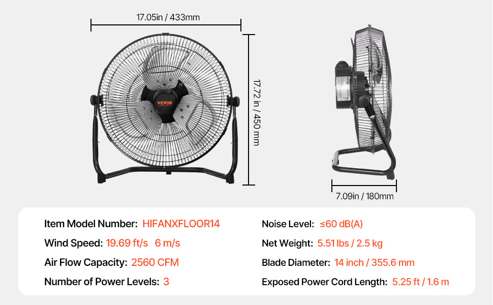 VEVOR Floor Fans 3 Speeds High Velocity Heavy Duty Industrial Fan 4800 CFM 360° Adjustable Tilt for Gym Home Commercial Shop