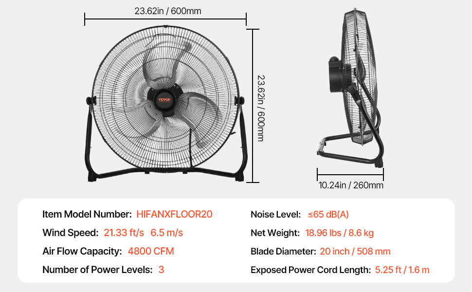 VEVOR Floor Fans 3 Speeds High Velocity Heavy Duty Industrial Fan 4800 CFM 360° Adjustable Tilt for Gym Home Commercial Shop