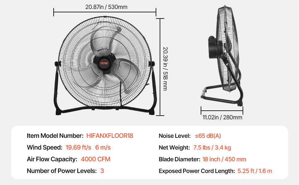 VEVOR Floor Fans 3 Speeds High Velocity Heavy Duty Industrial Fan 4800 CFM 360° Adjustable Tilt for Gym Home Commercial Shop