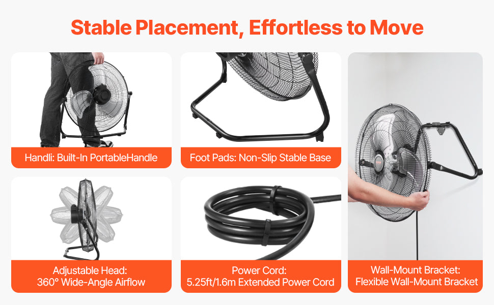 VEVOR Floor Fans 3 Speeds High Velocity Heavy Duty Industrial Fan 4800 CFM 360° Adjustable Tilt for Gym Home Commercial Shop