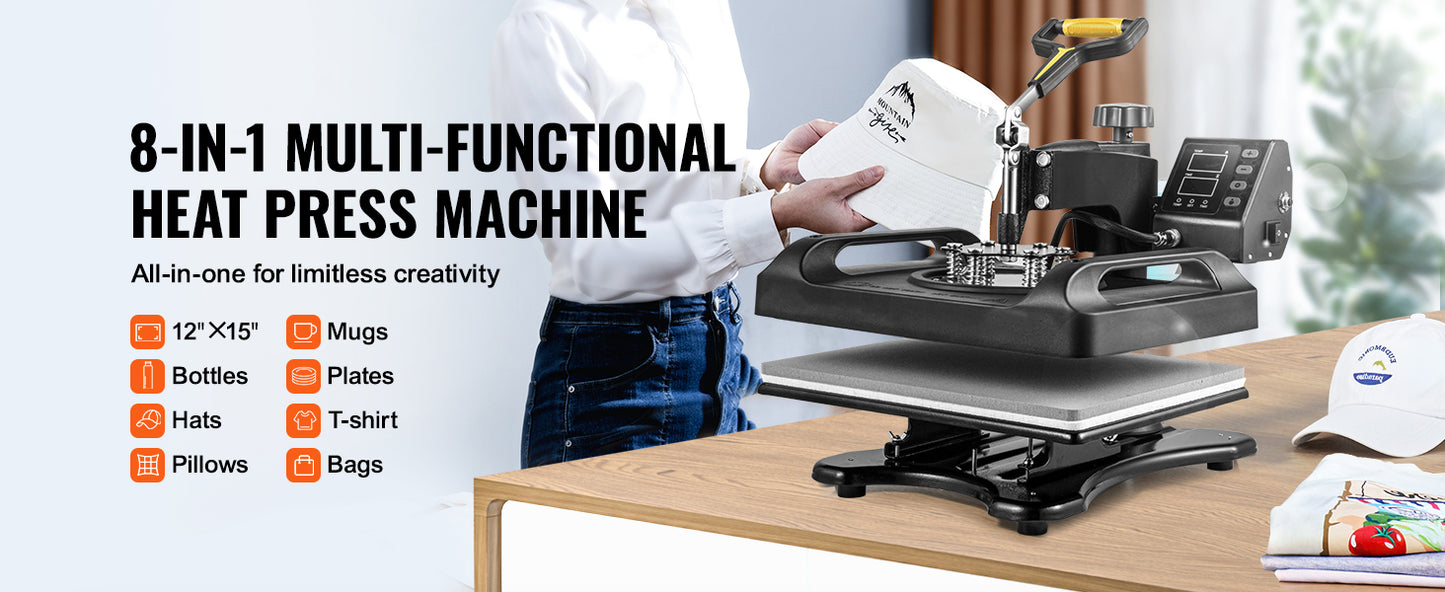 SucceBuy 30*38CM 8 in 1 Combo Upgrade Heat Press Machine 360° Rotation Sublimation Printer Cap Shirt Mug Plate 2D Heat Transfer