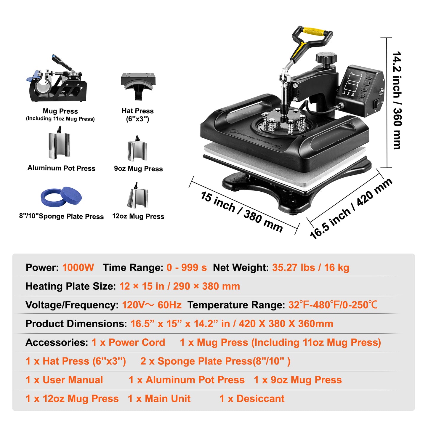 SucceBuy 30*38CM 8 in 1 Combo Upgrade Heat Press Machine 360° Rotation Sublimation Printer Cap Shirt Mug Plate 2D Heat Transfer