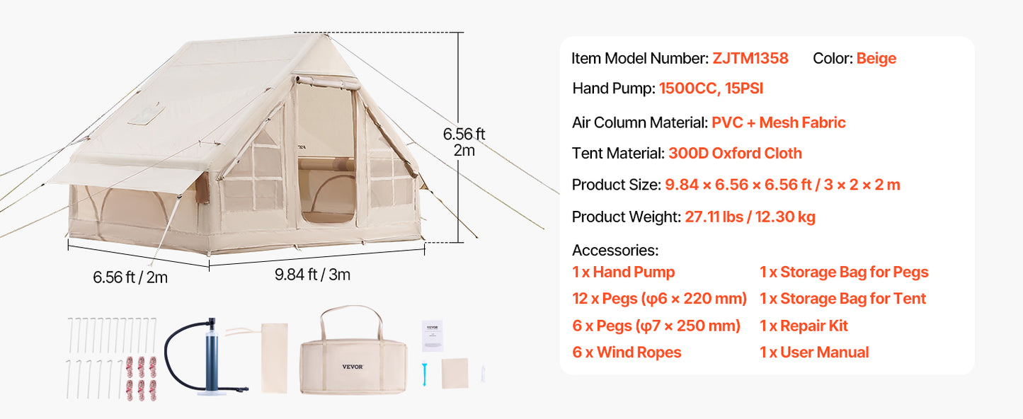 SucceBuy Inflatable Tents for Camping Easy Setup Blow up Tent with Hand Pump 300D Oxford Tent with Stove Jack Storage Bag Includ