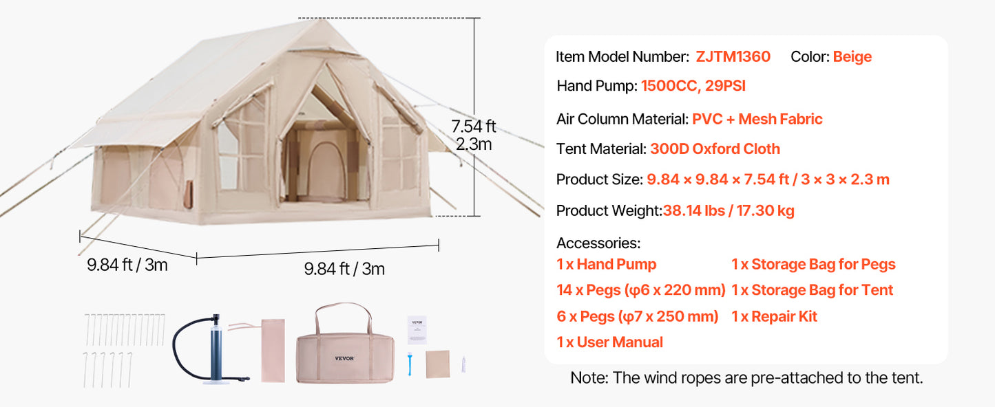 SucceBuy Inflatable Tents for Camping Easy Setup Blow up Tent with Hand Pump 300D Oxford Tent with Stove Jack Storage Bag Includ