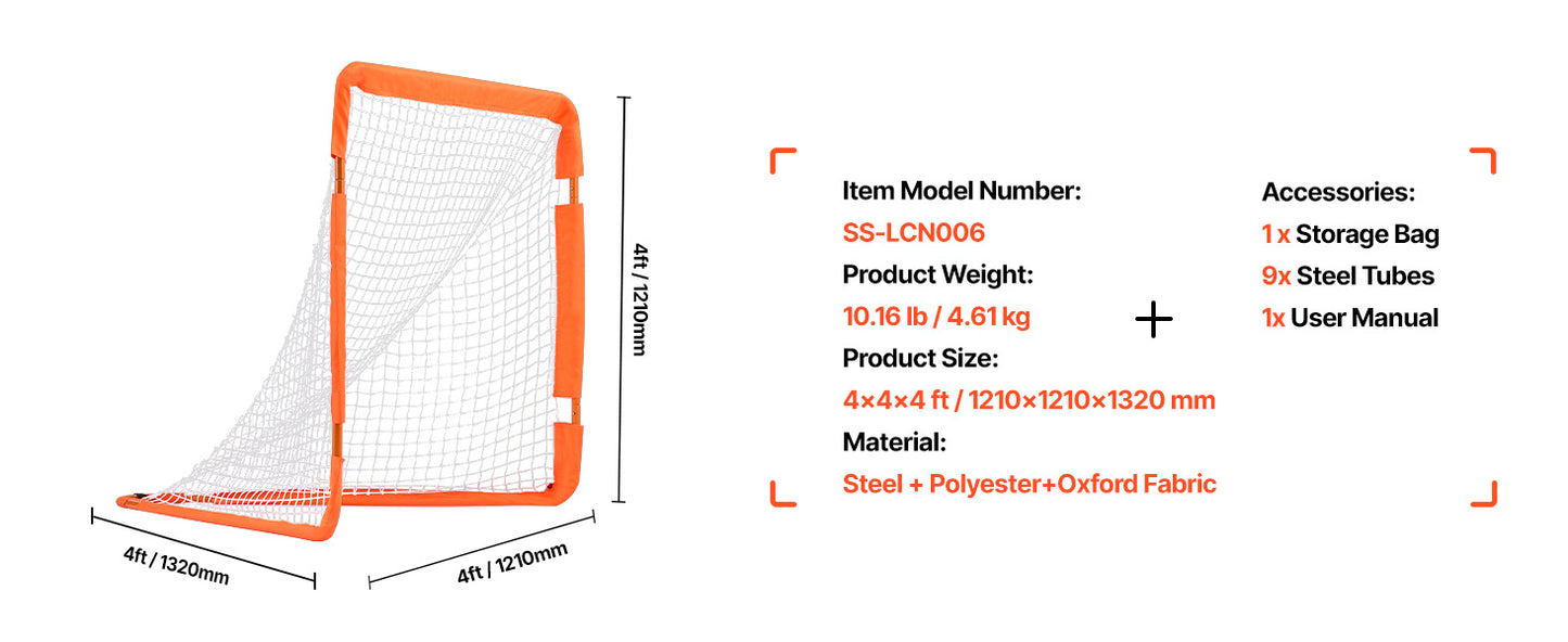 SucceBuy 4/6FT Lacrosse Goal Small Kids Folding Portable Iron Frame Backyard Training Equipment For Youth Training Orange