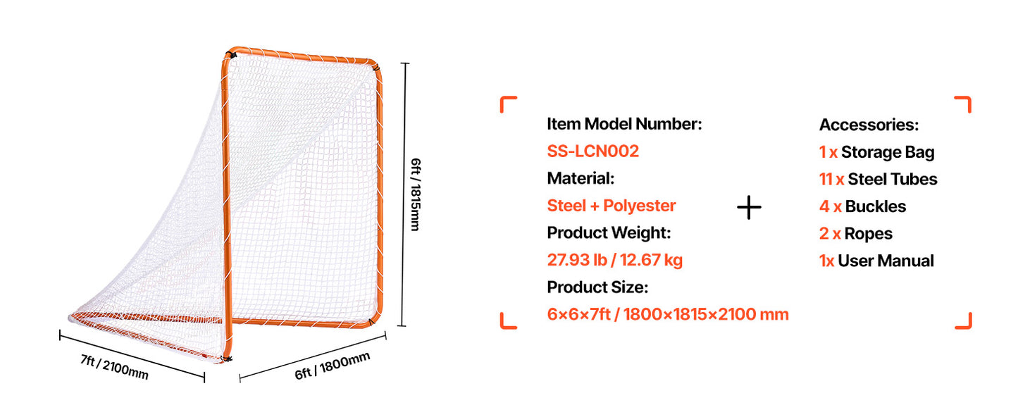 SucceBuy 4/6FT Lacrosse Goal Small Kids Folding Portable Iron Frame Backyard Training Equipment For Youth Training Orange