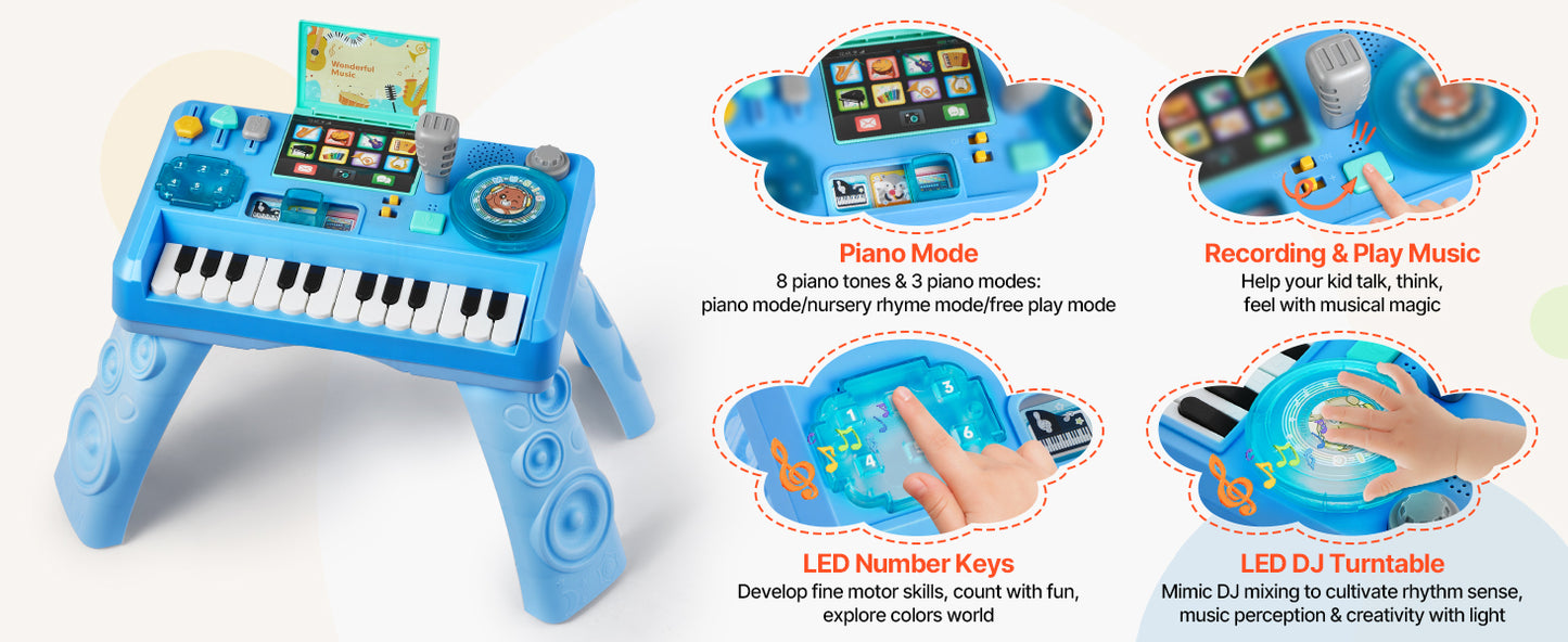 SucceBuy Baby DJ Playset for Toddlers with 133 Sound Sources Recording and LED DJ Turntable Baby Activity Table for Birthday