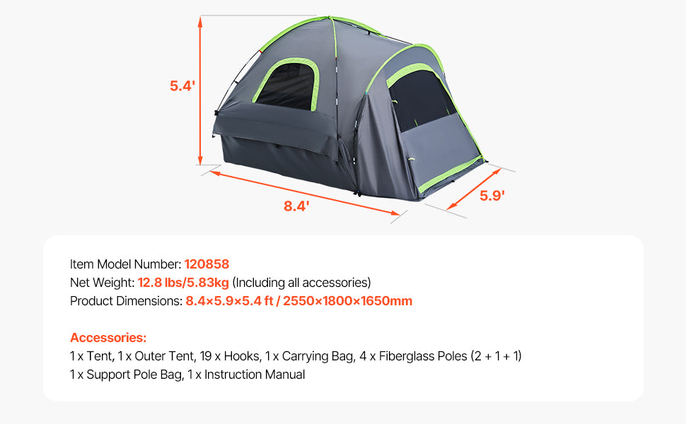 SucceBuy Pickup Truck Tent for Camping, Waterproof PU2000 Truck Bed Camper Shell Truck Bed Tent with Double Layer Design Windows