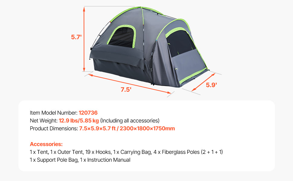 SucceBuy Pickup Truck Tent for Camping, Waterproof PU2000 Truck Bed Camper Shell Truck Bed Tent with Double Layer Design Windows