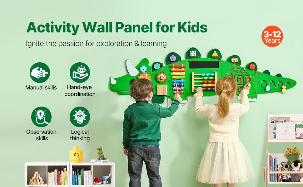 SucceBuy Dinosaur Kids Busy Wall Board 11 Activity Panels Montessori Sensory Learning Toys for Toddler Playroom Toy Gift
