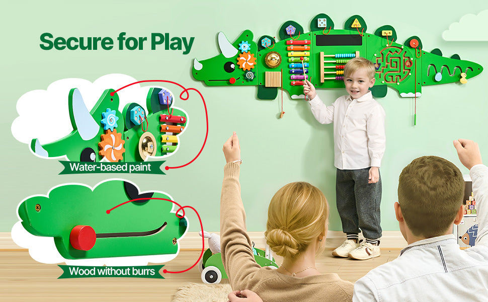 SucceBuy Dinosaur Kids Busy Wall Board 11 Activity Panels Montessori Sensory Learning Toys for Toddler Playroom Toy Gift