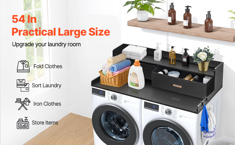 SucceBuy Washer Dryer Countertop w/ Drawer Shelf Wooden Washer and Dryer Countertop Laundry Topper for Laundry Room Organization