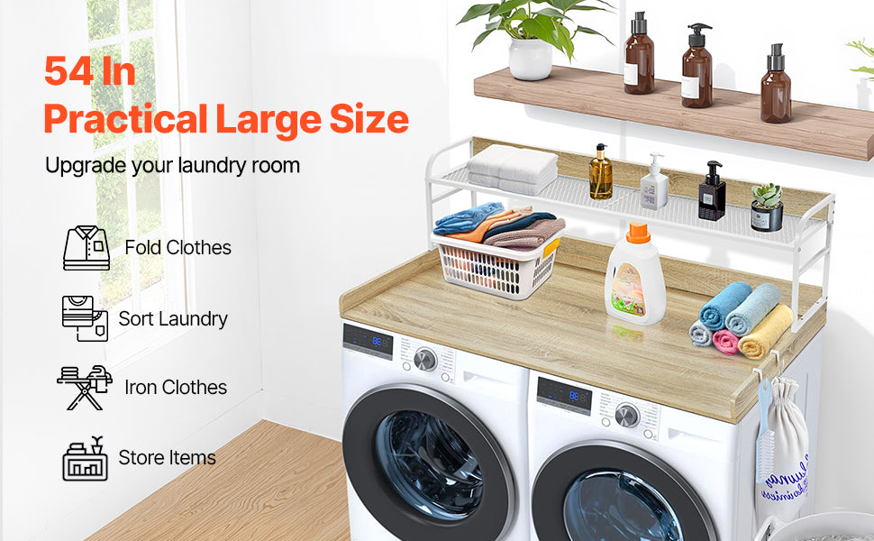 SucceBuy Washer Dryer Countertop w/ Drawer Shelf Wooden Washer and Dryer Countertop Laundry Topper for Laundry Room Organization