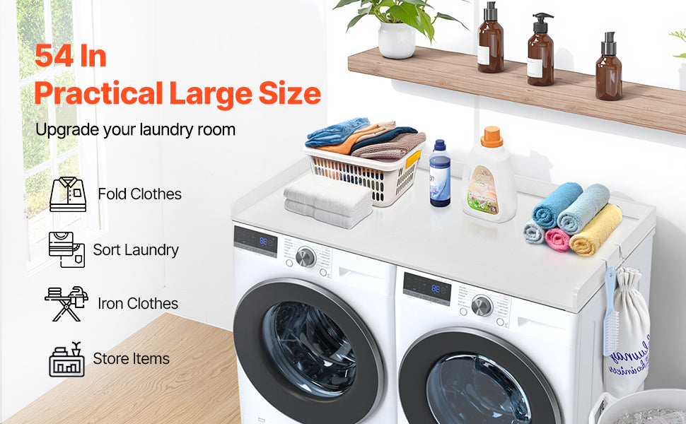 SucceBuy Washer Dryer Countertop w/ Drawer Shelf Wooden Washer and Dryer Countertop Laundry Topper for Laundry Room Organization