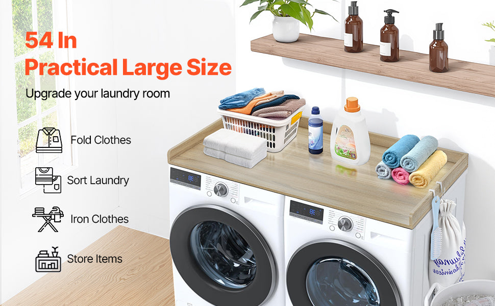 SucceBuy Washer Dryer Countertop w/ Drawer Shelf Wooden Washer and Dryer Countertop Laundry Topper for Laundry Room Organization