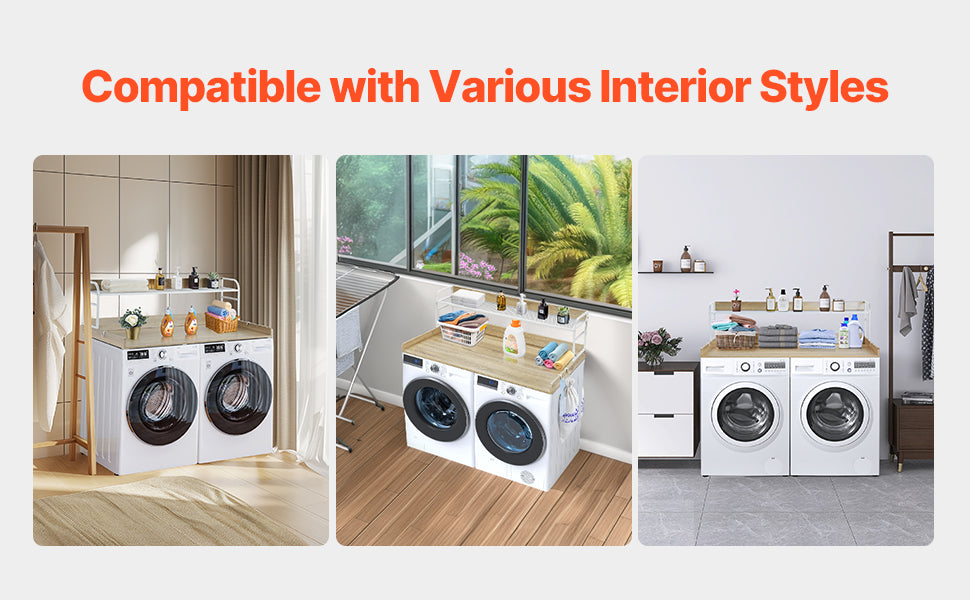 SucceBuy Washer Dryer Countertop w/ Drawer Shelf Wooden Washer and Dryer Countertop Laundry Topper for Laundry Room Organization