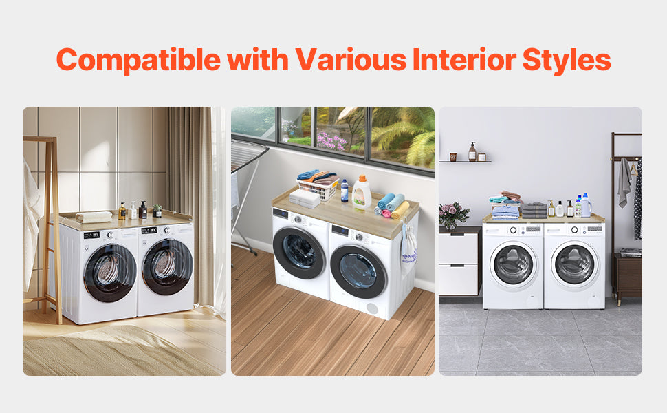 SucceBuy Washer Dryer Countertop w/ Drawer Shelf Wooden Washer and Dryer Countertop Laundry Topper for Laundry Room Organization