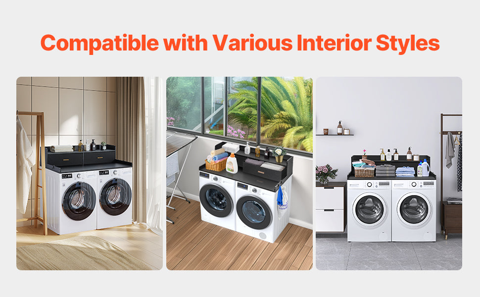 SucceBuy Washer Dryer Countertop w/ Drawer Shelf Wooden Washer and Dryer Countertop Laundry Topper for Laundry Room Organization