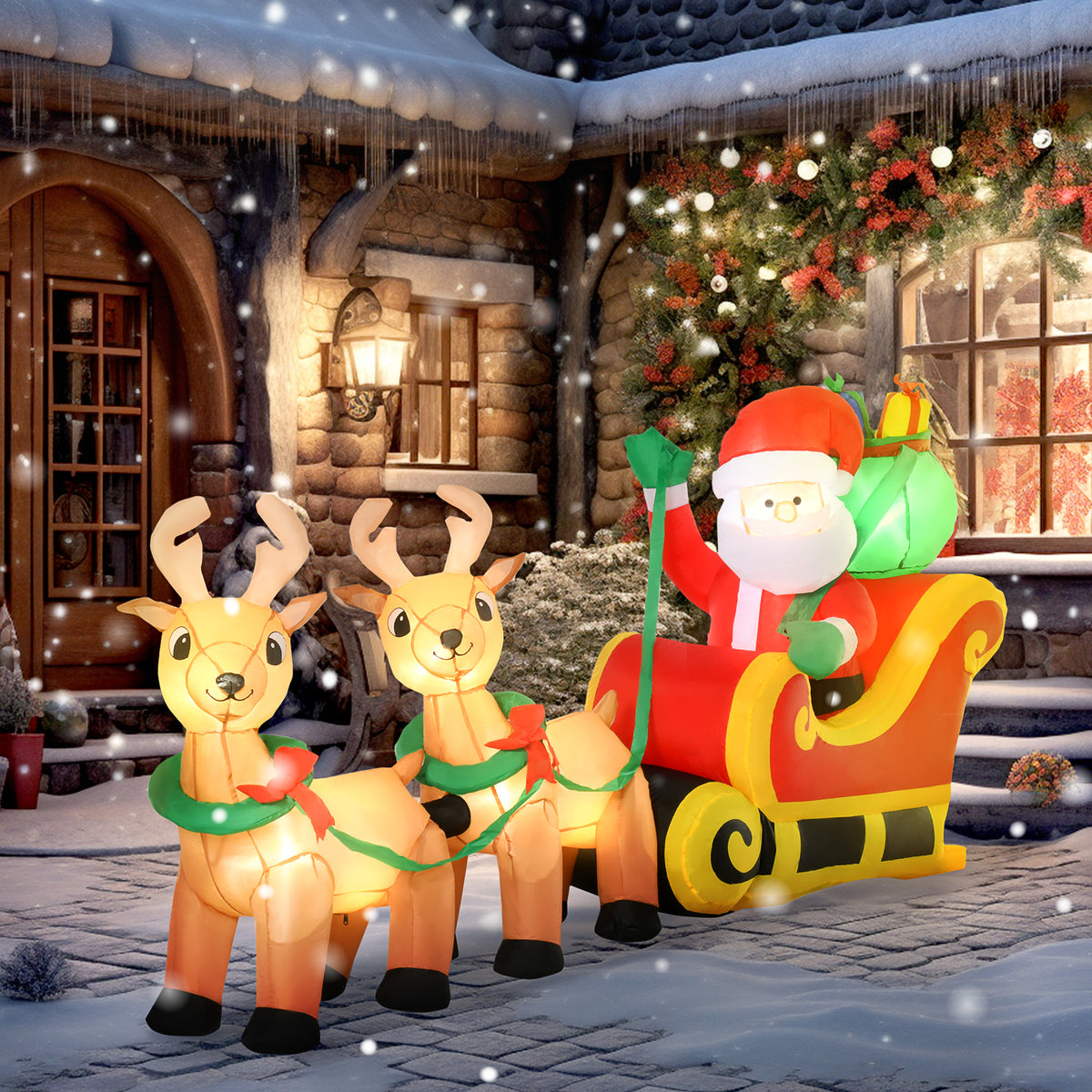 HOMCOM 8ft Long Christmas Inflatable Santa Claus with Sleigh and Reindeer, Outdoor Blow-Up Yard Decoration with LED Lights Display